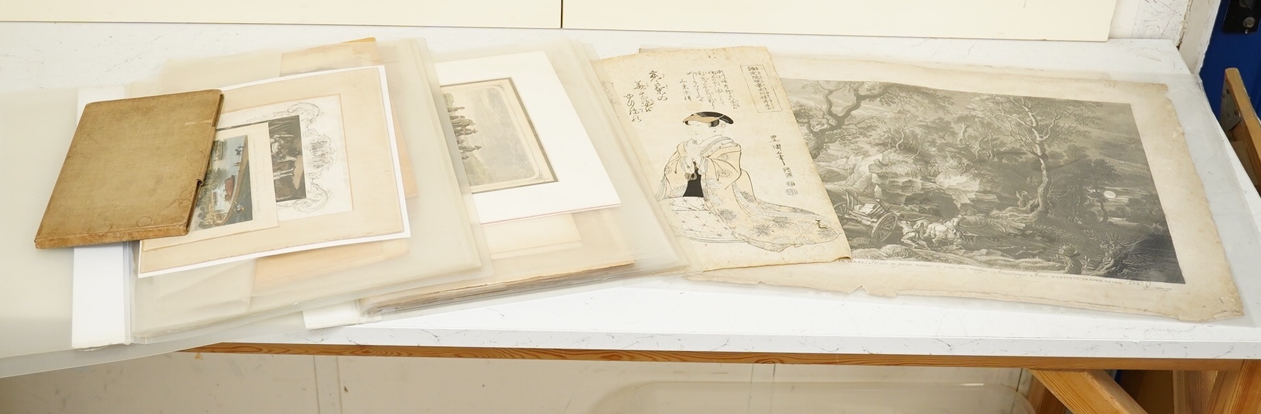 Two folios of engravings and watercolours to include two engravings after Peter Paul Rubens (1577-1640) and a Japanese woodblock print, 41 x 54cm. Condition - varies